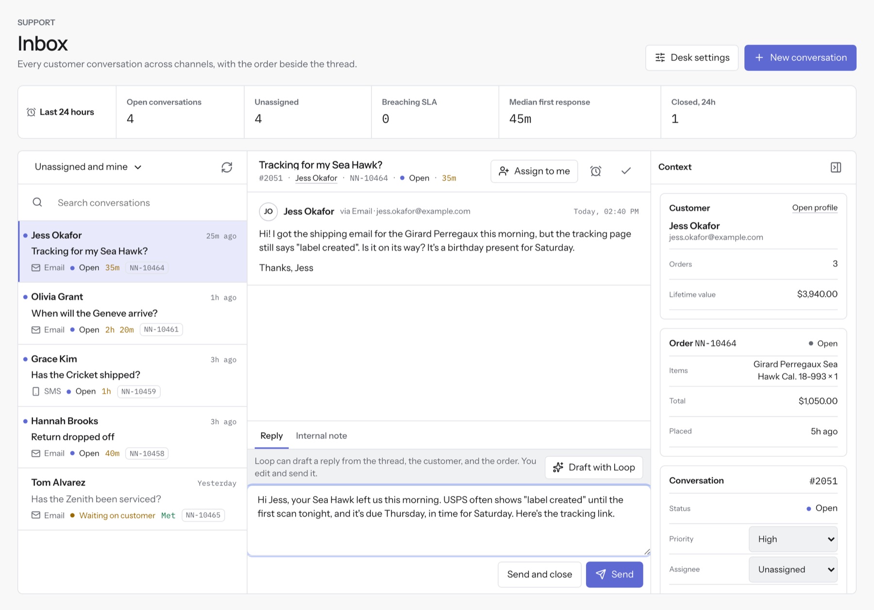 The NobleNewt support inbox with a customer's shipping question, her order beside it, and a reply Loop drafted
