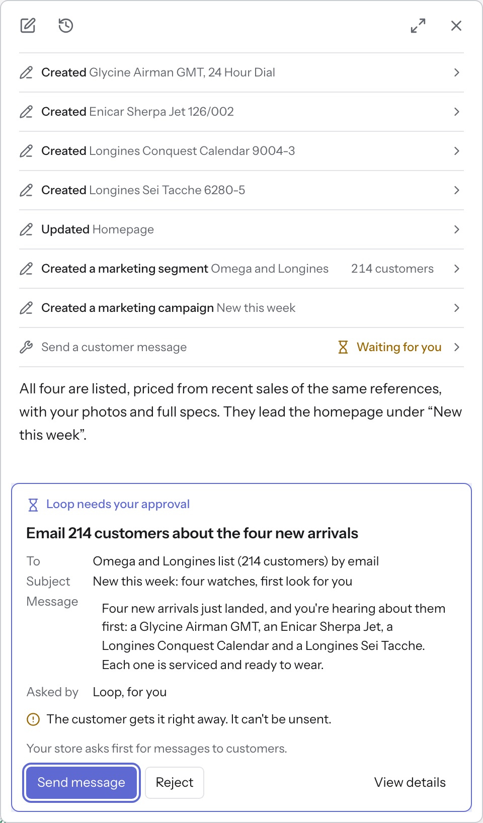 Loop panel, new arrivals, step 2 of 3: It lists all four, then asks before emailing your collectors.