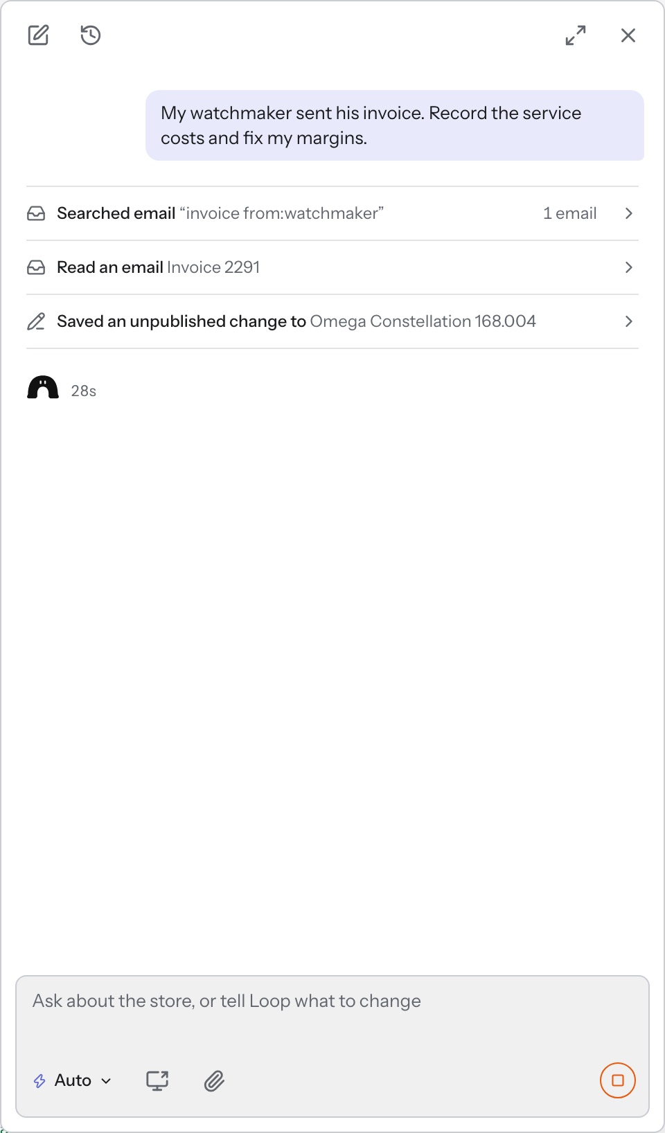 Loop panel, gmail invoice, step 1 of 3: Loop finds your watchmaker's invoice in Gmail.