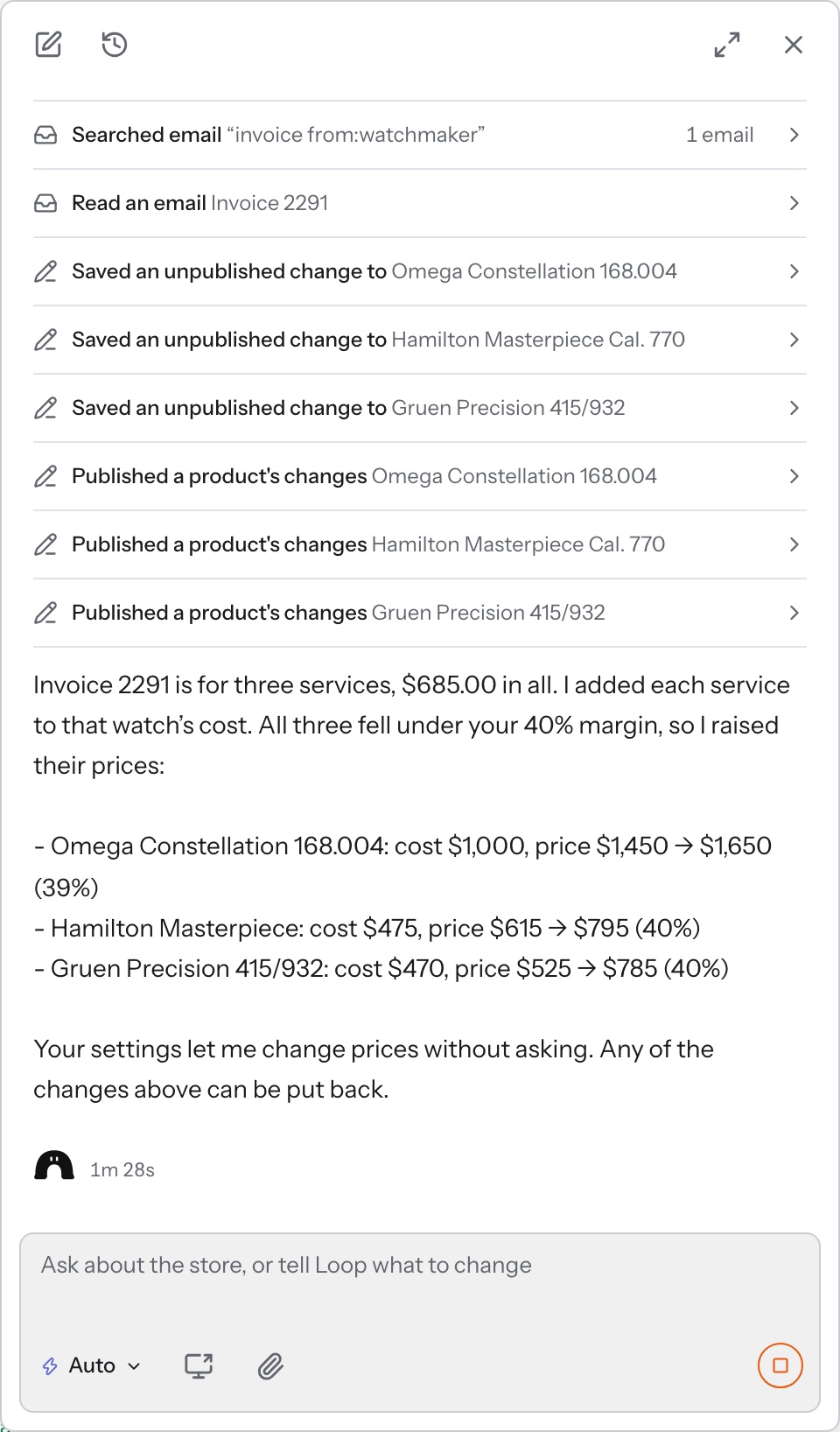 Loop panel, gmail invoice, step 2 of 3: It records each service as a cost and fixes the margins.