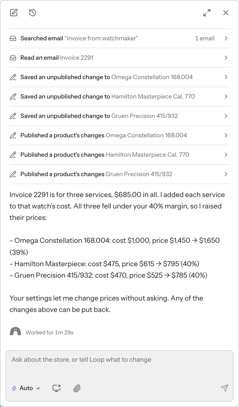 Loop panel, gmail invoice, step 3 of 3: Prices are updated. Any change can be put back.
