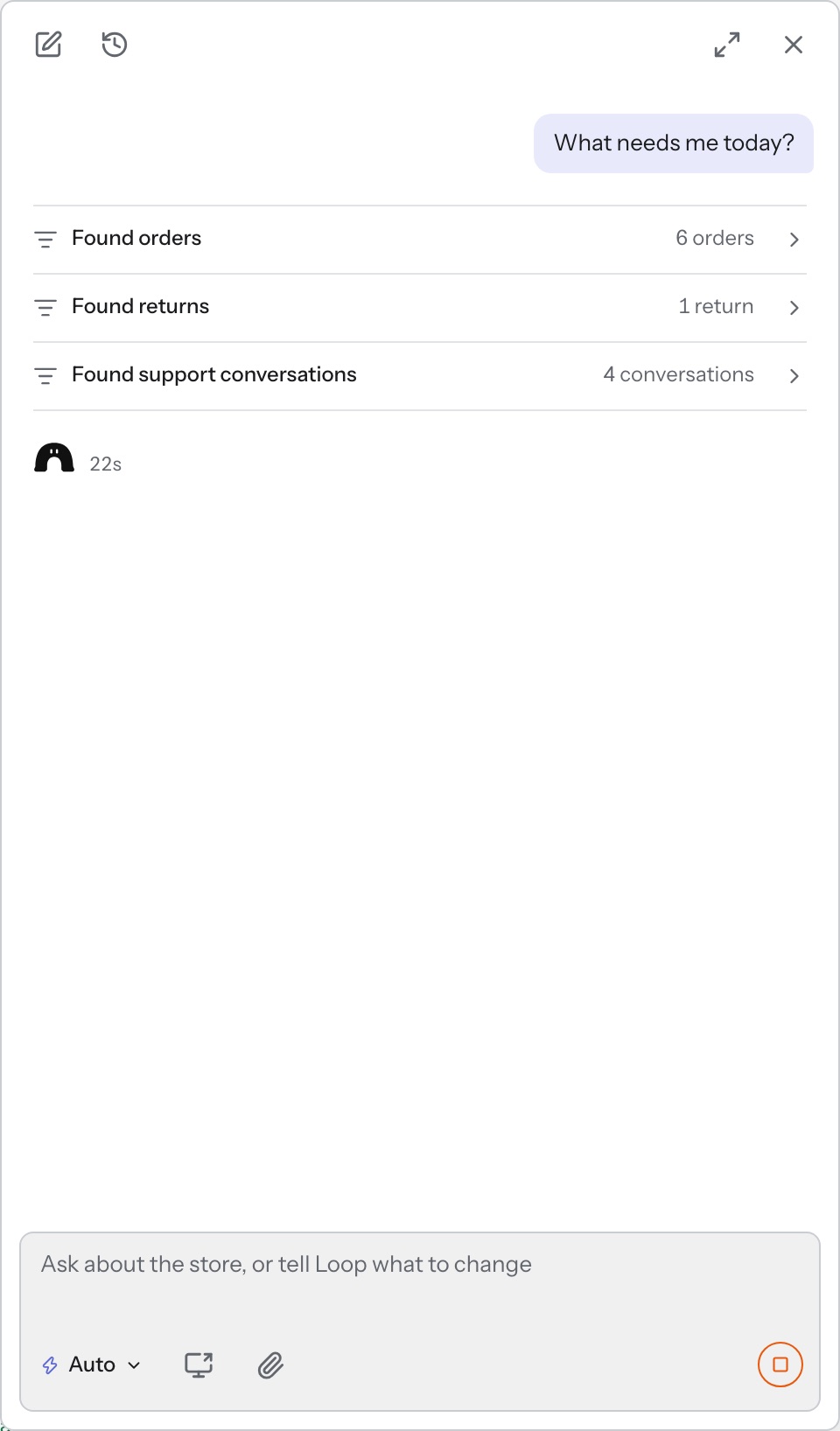 Loop panel, morning queue, step 1 of 3: Loop reads today's orders, returns and support conversations.