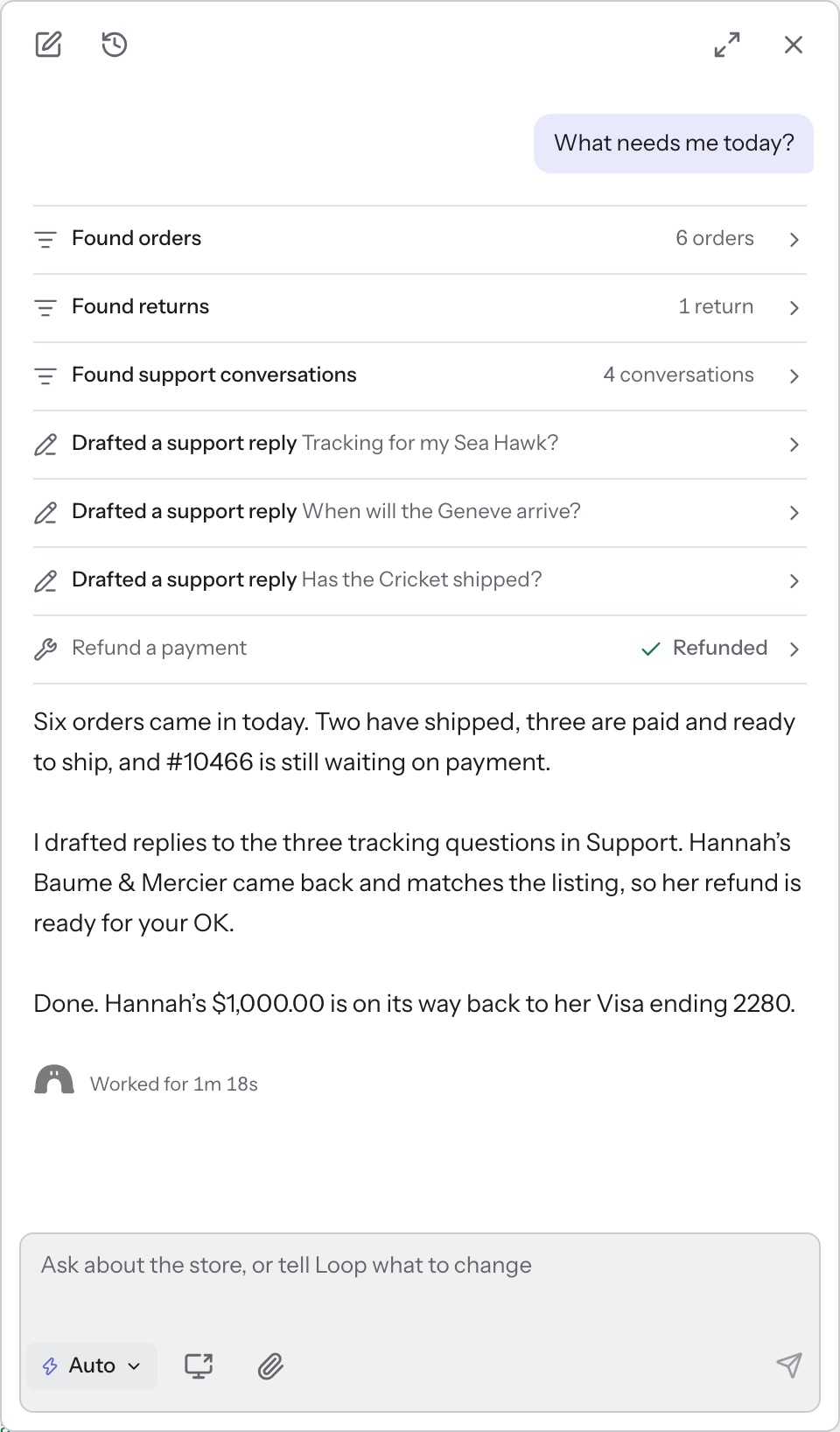 Loop panel, morning queue, step 3 of 3: You approve, and the refund goes back to the customer's card.